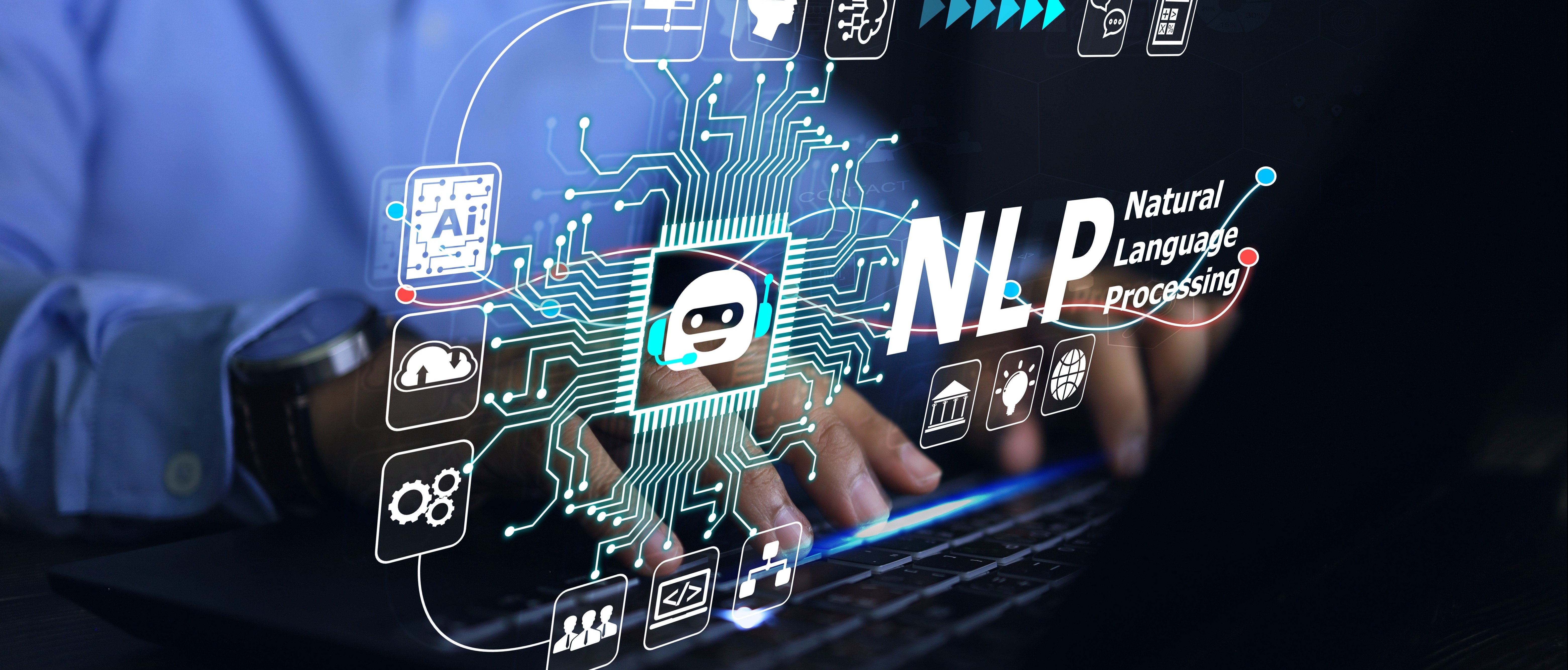 A person types on a laptop, with digital icons and the text "NLP Natural Language Processing"